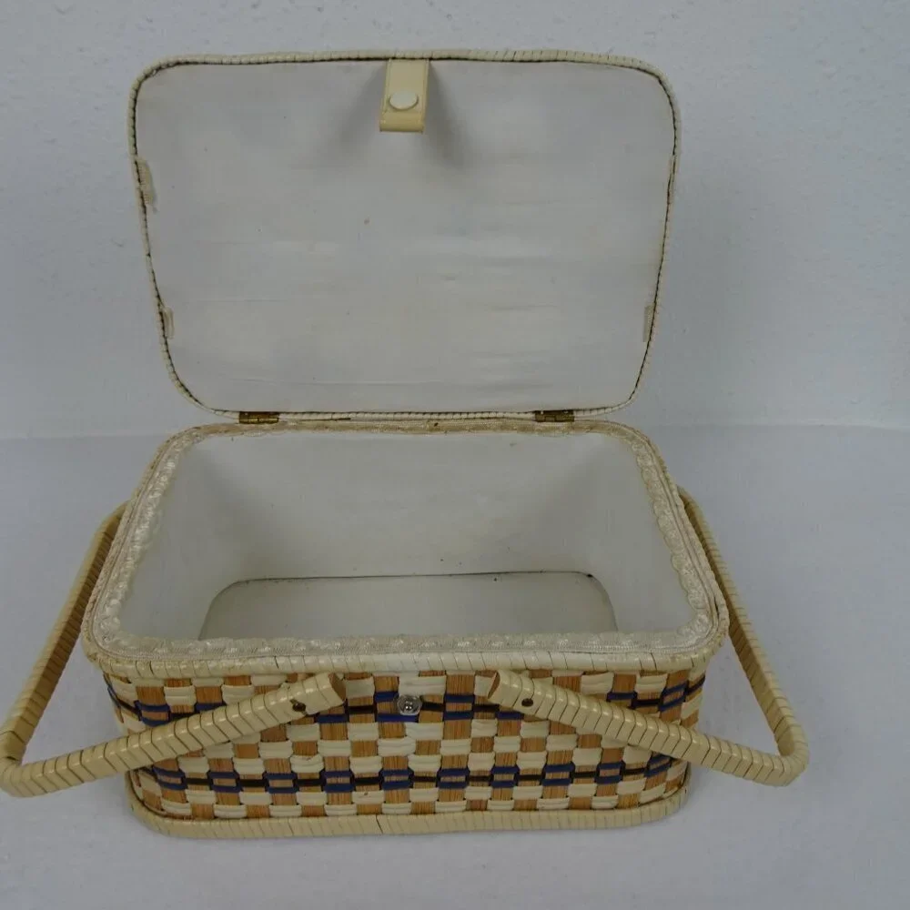 Vintage Wicker Woven Sewing Box Basket Beige Tan Ratan Lined